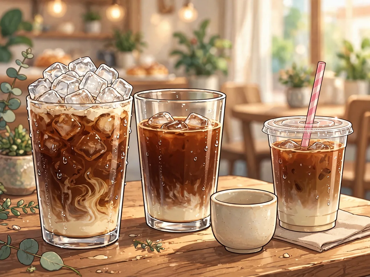 Iced coffees with different amounts of ice, a ceramic cup, and a takeaway cup