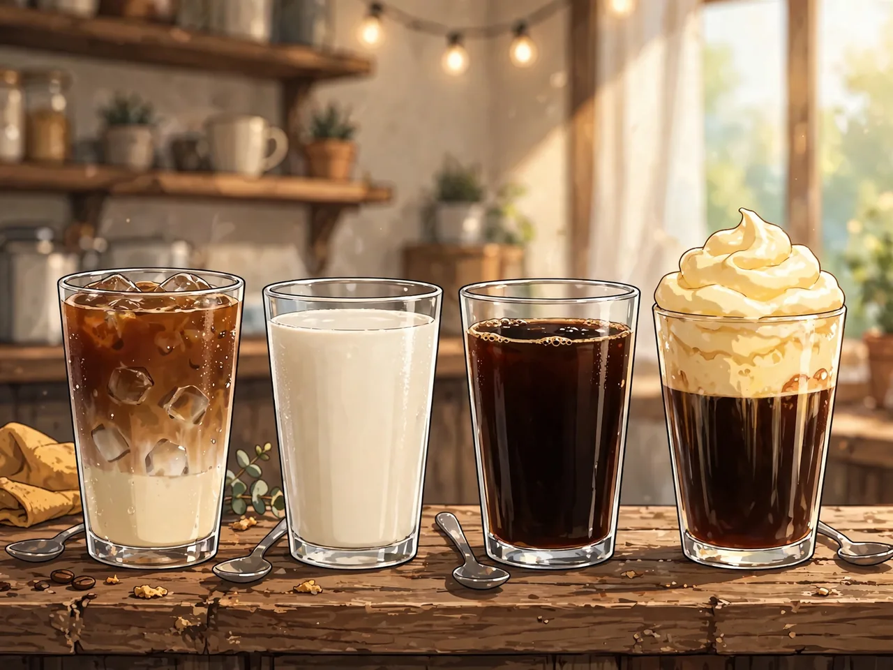 Four Vietnamese coffee drinks on a wooden counter