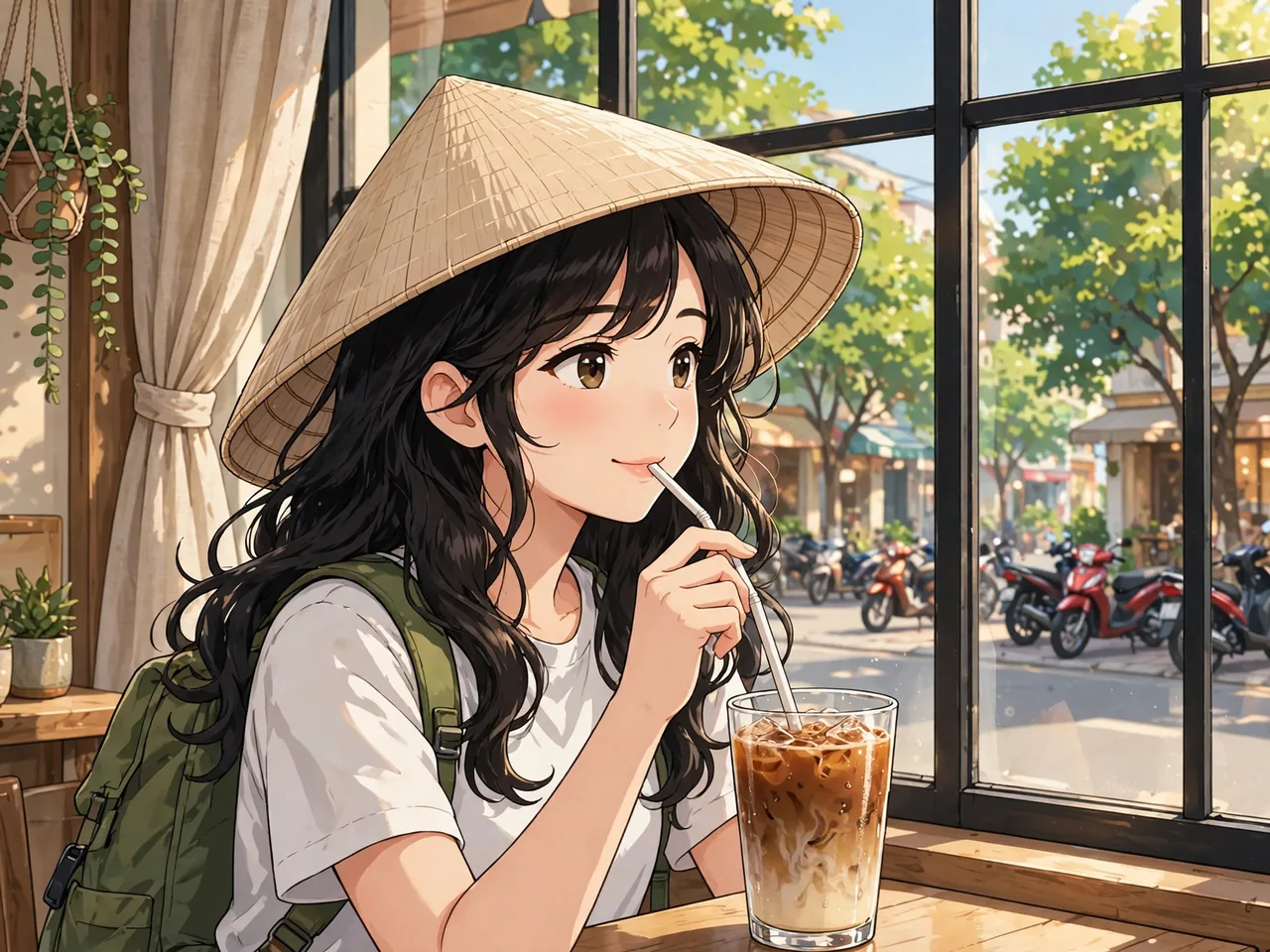 Traveler relaxing with coffee by a cafe window