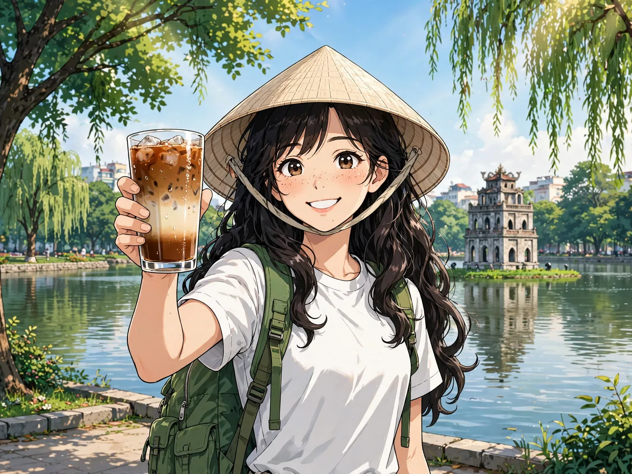 Traveler holding iced Vietnamese coffee near Turtle Tower
