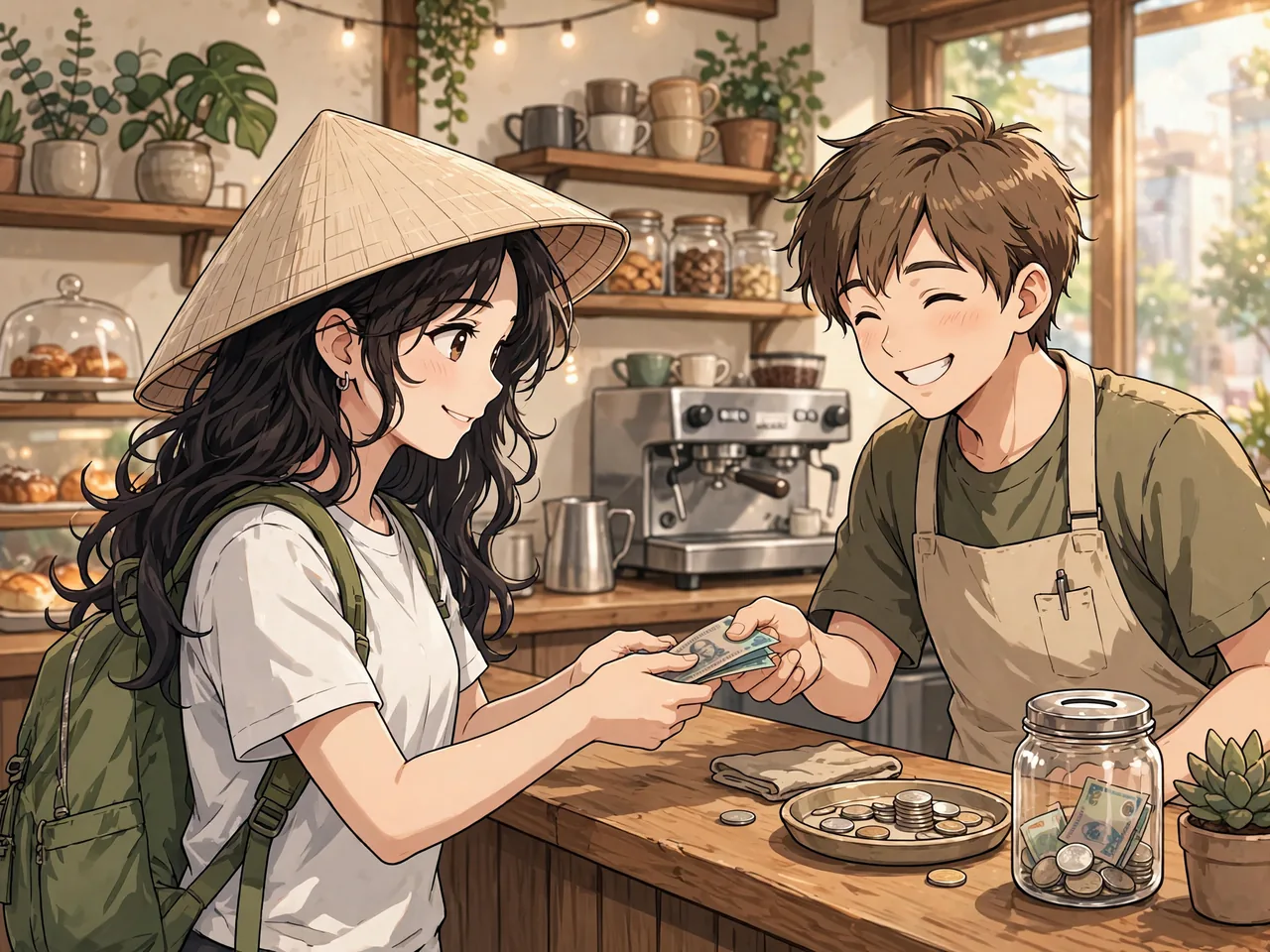 Traveler paying at the cafe counter