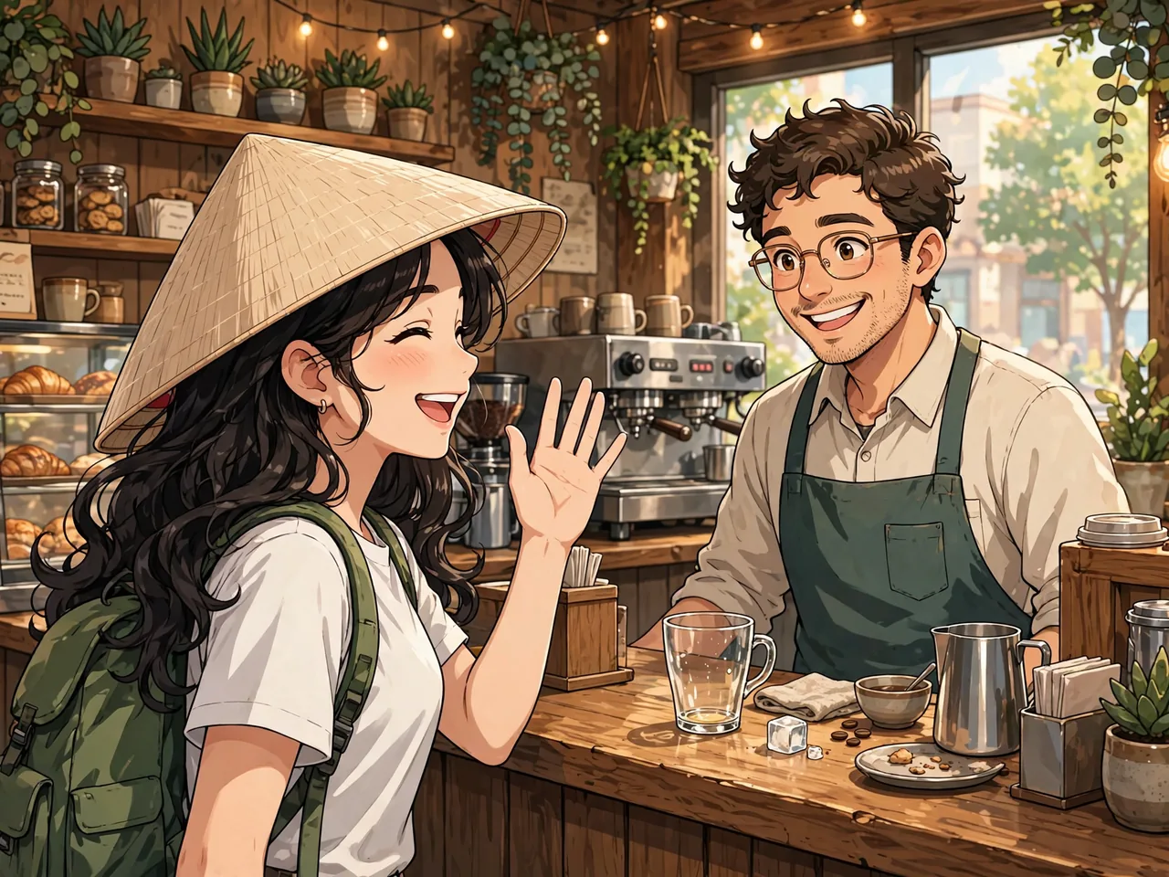 Traveler waving goodbye to the barista