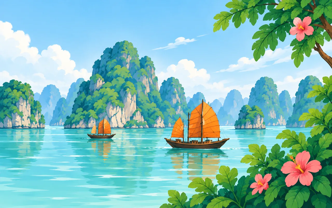 Ha Long Bay with traditional sailboats