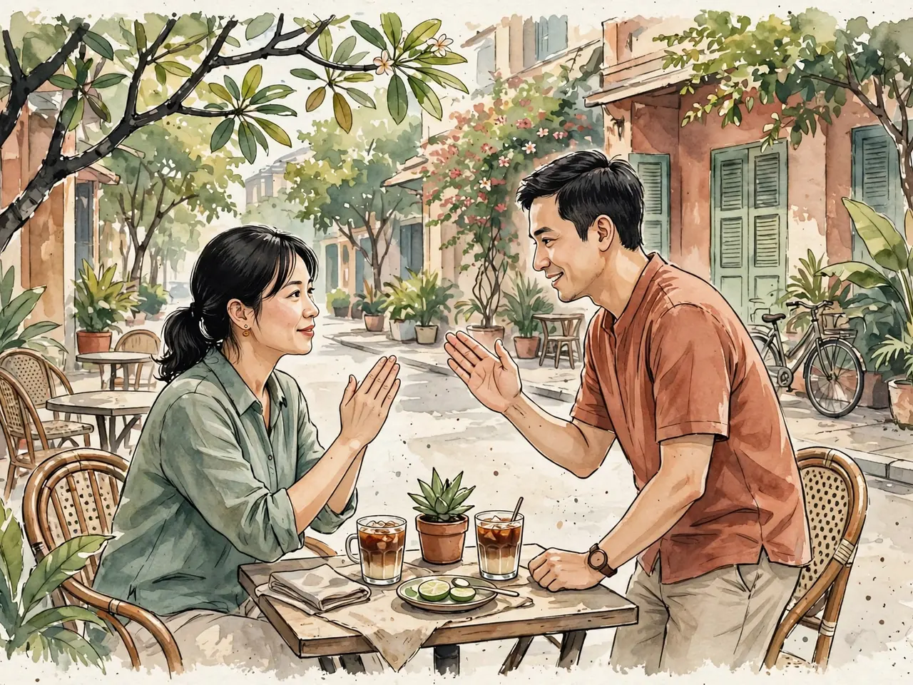 Two Vietnamese acquaintances exchanging a friendly greeting