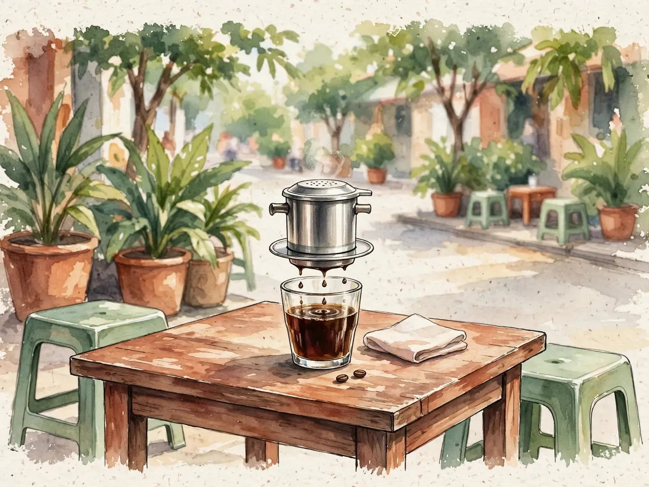 Vietnamese phin coffee dripping into a glass at a sidewalk café