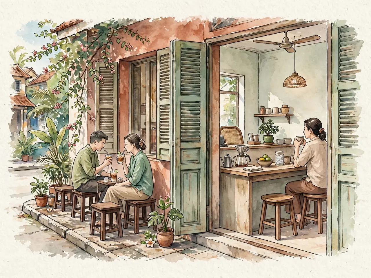 Sidewalk stools and an indoor counter at a Vietnamese café