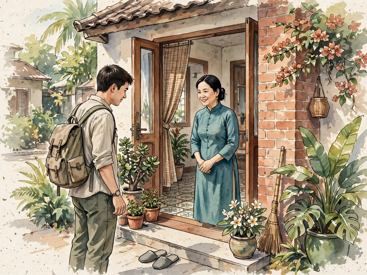 A visitor greeting a host at a Vietnamese home entrance