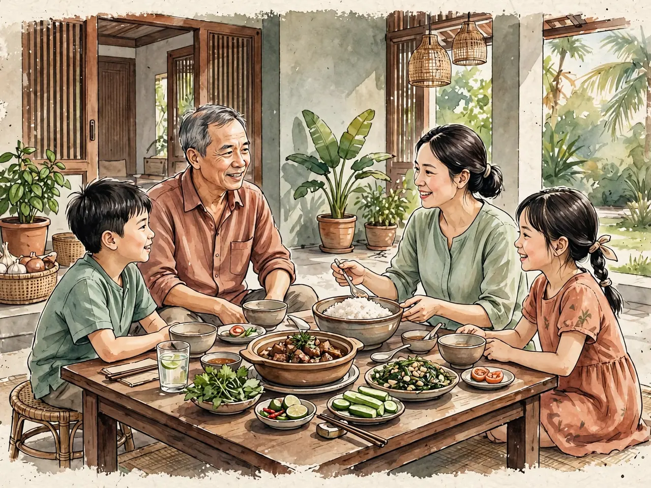 Family sharing a meal around a table of Vietnamese dishes