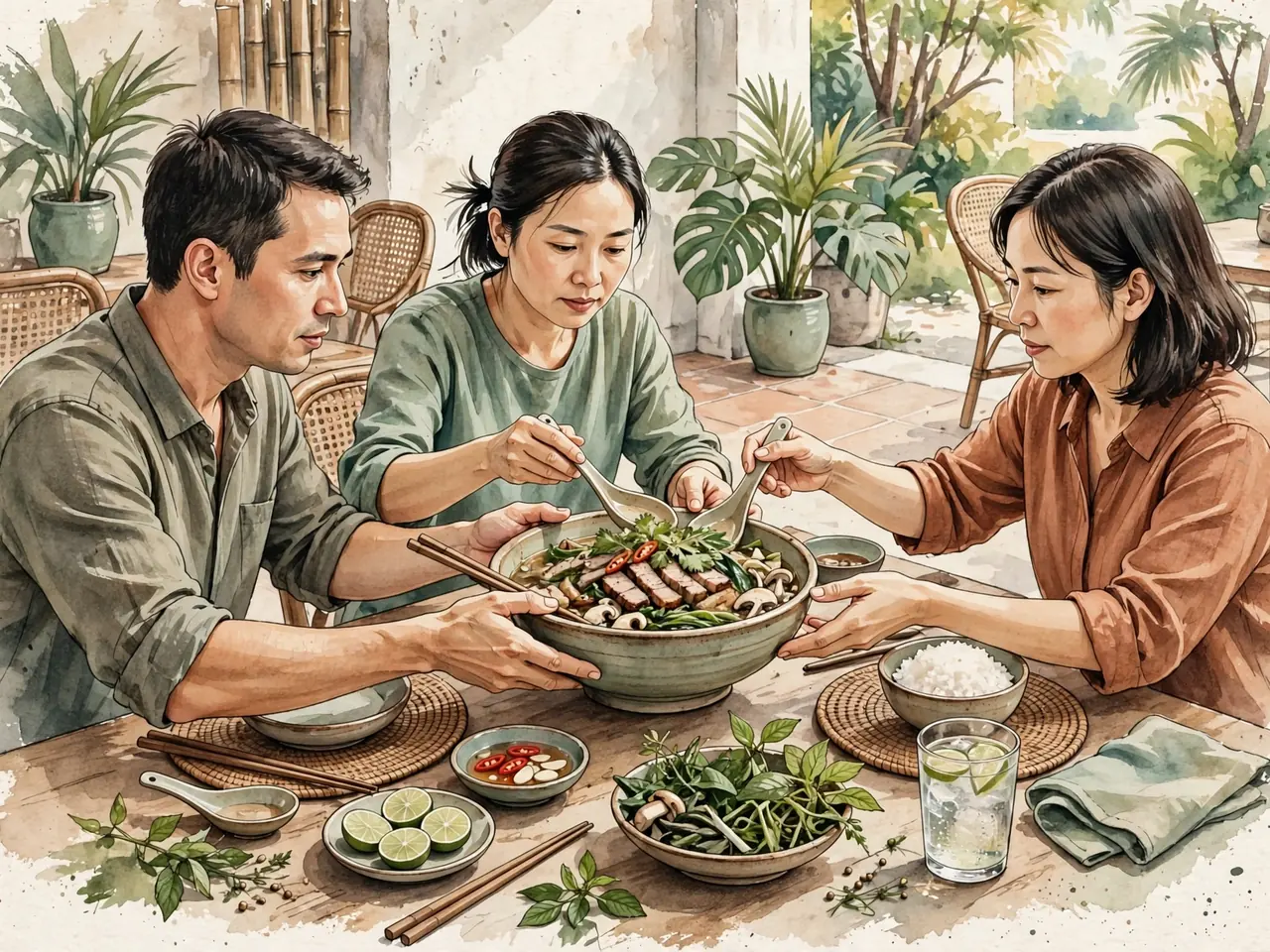Diners sharing dishes carefully at a Vietnamese meal