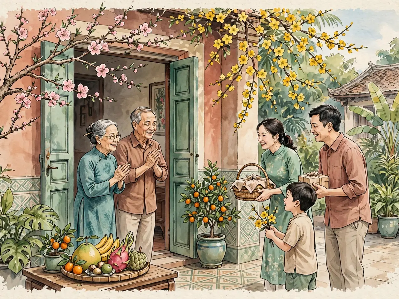 Relatives arriving for a Tết visit at a decorated home