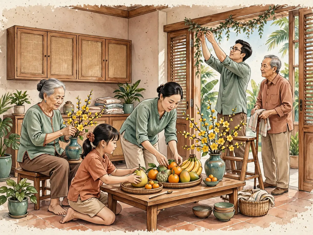 Family arranging flowers and a fruit tray for Tết