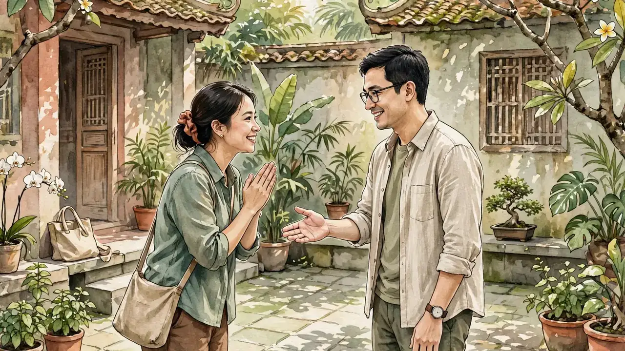 Two people exchanging a courteous greeting in a courtyard