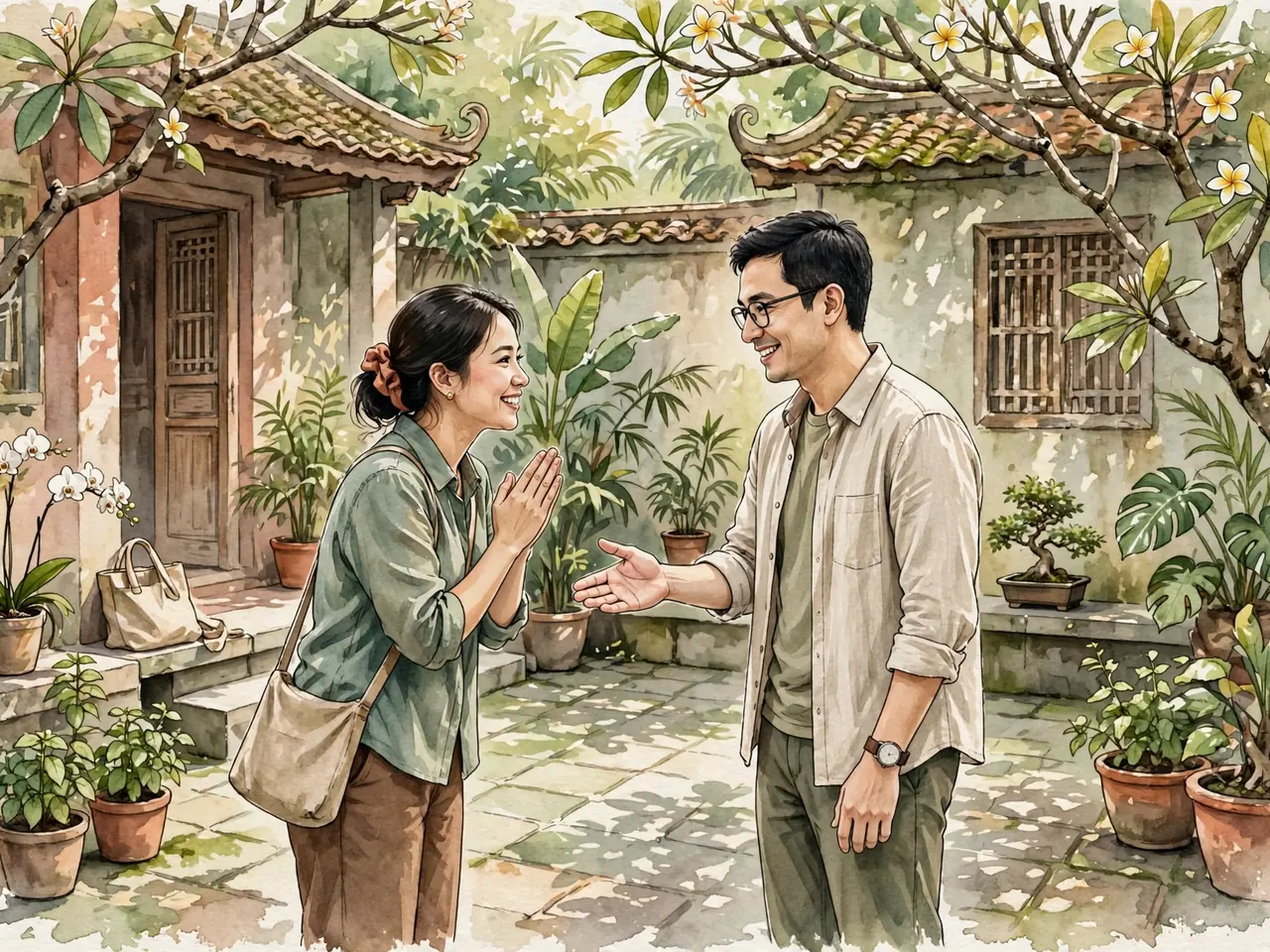 Two people exchanging a courteous greeting in a courtyard