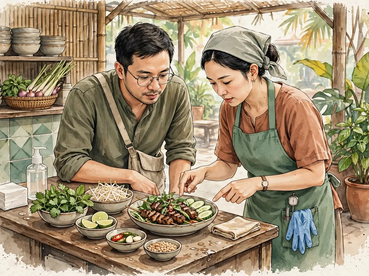 A diner confirming ingredients with restaurant staff