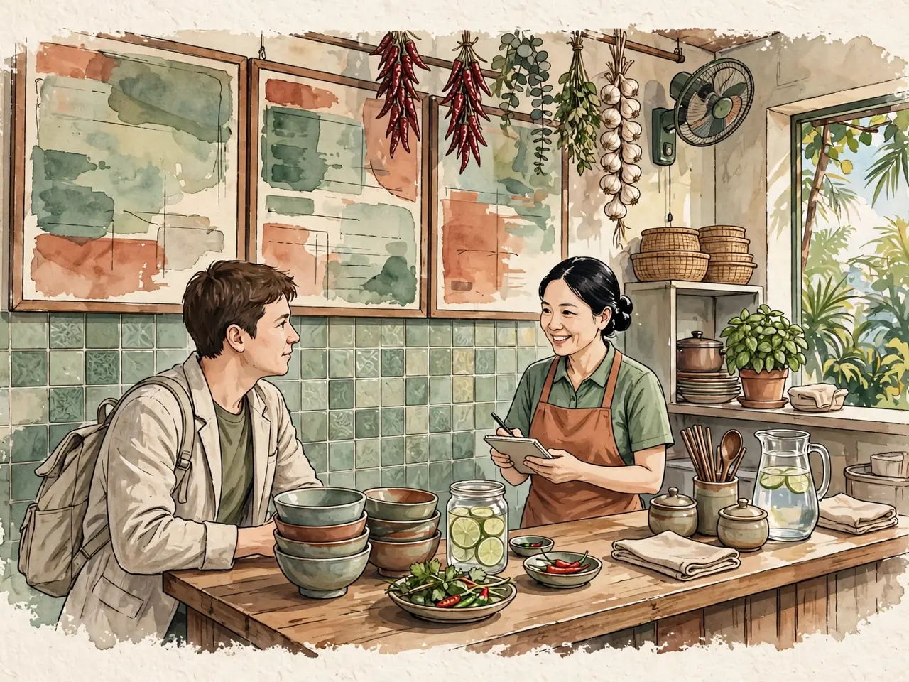 Customer placing an order at a Vietnamese restaurant counter