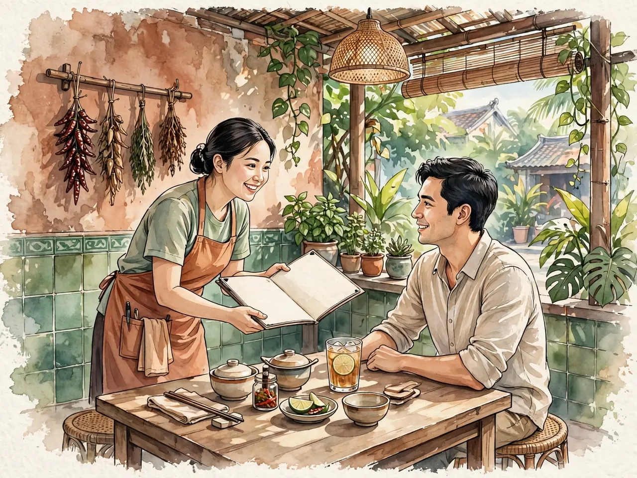 Server handing a menu to a guest at a Vietnamese eatery