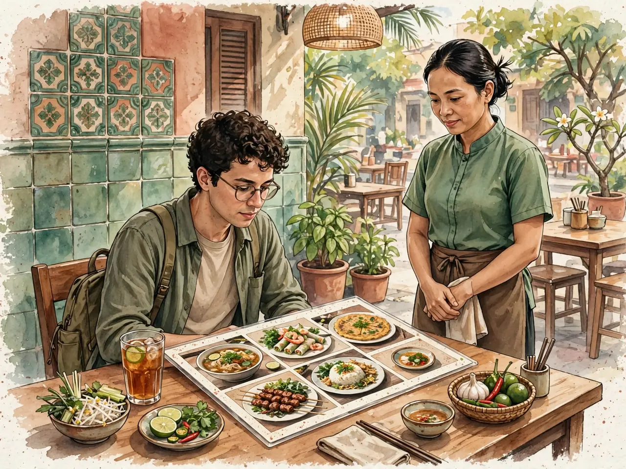 Traveler studying a Vietnamese restaurant menu