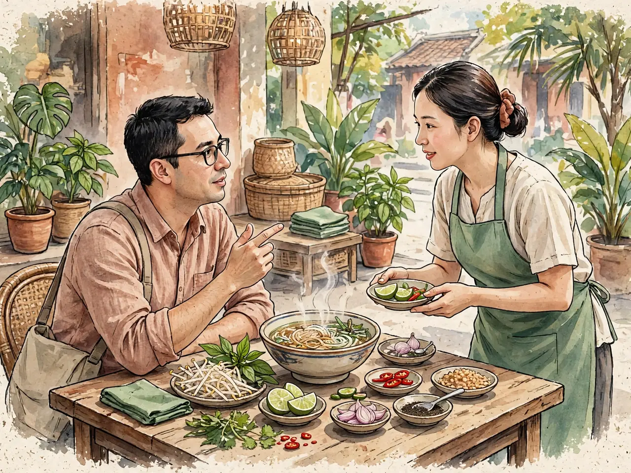 Diner asking about a noodle dish before ordering