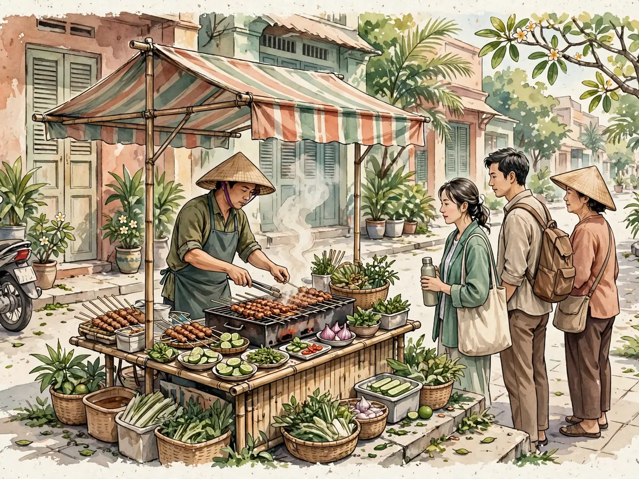 Vendor cooking at a busy Vietnamese street-food stall