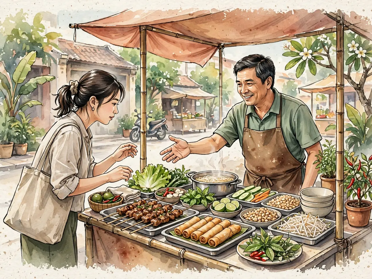 Customer choosing a freshly prepared street-food dish