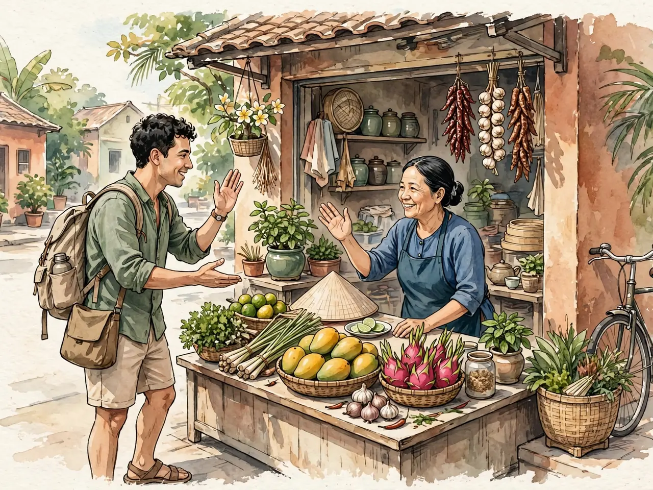 Visitor greeting a shopkeeper in a Vietnamese neighborhood