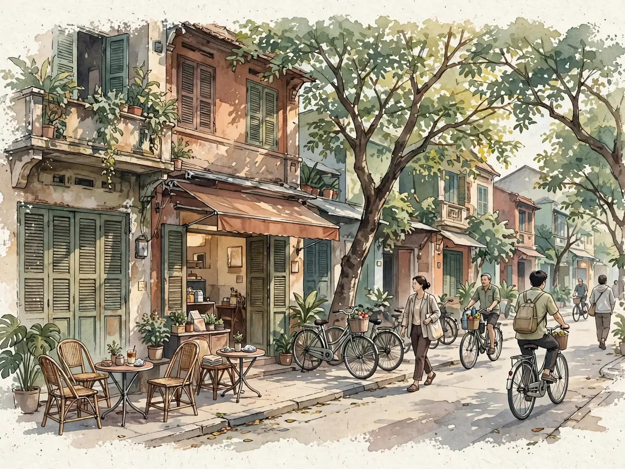 A leafy Hanoi street with a neighborhood café