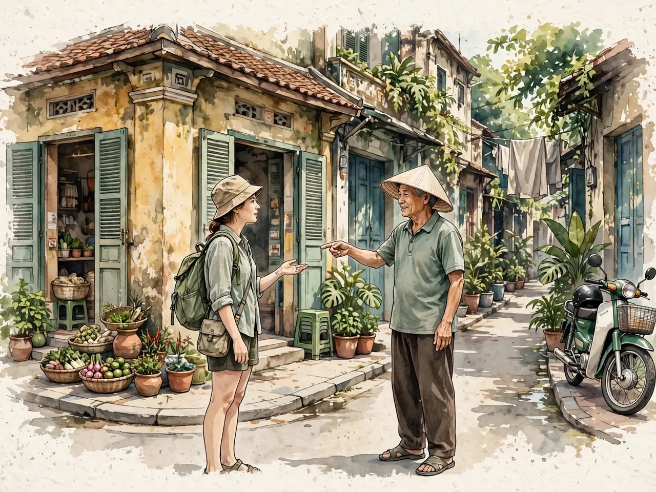 Traveler asking for directions on a Hanoi street