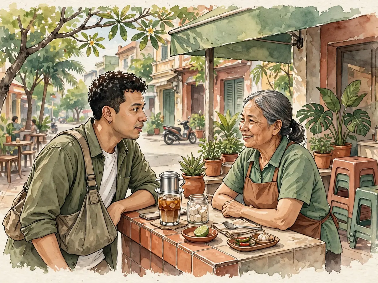 Customer ordering at a sidewalk café in Ho Chi Minh City