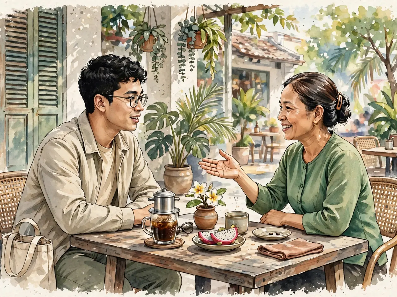 Beginner practicing a greeting with a Vietnamese conversation partner