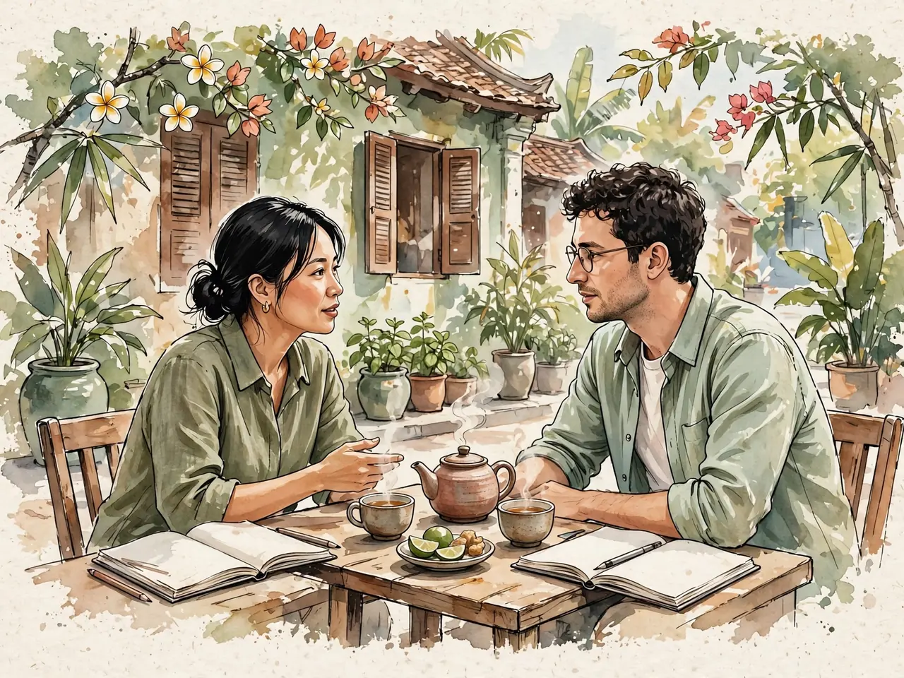 Two learners exchanging introductions over tea