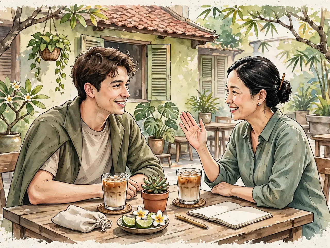 Vietnamese tutor helping a beginner practice a greeting