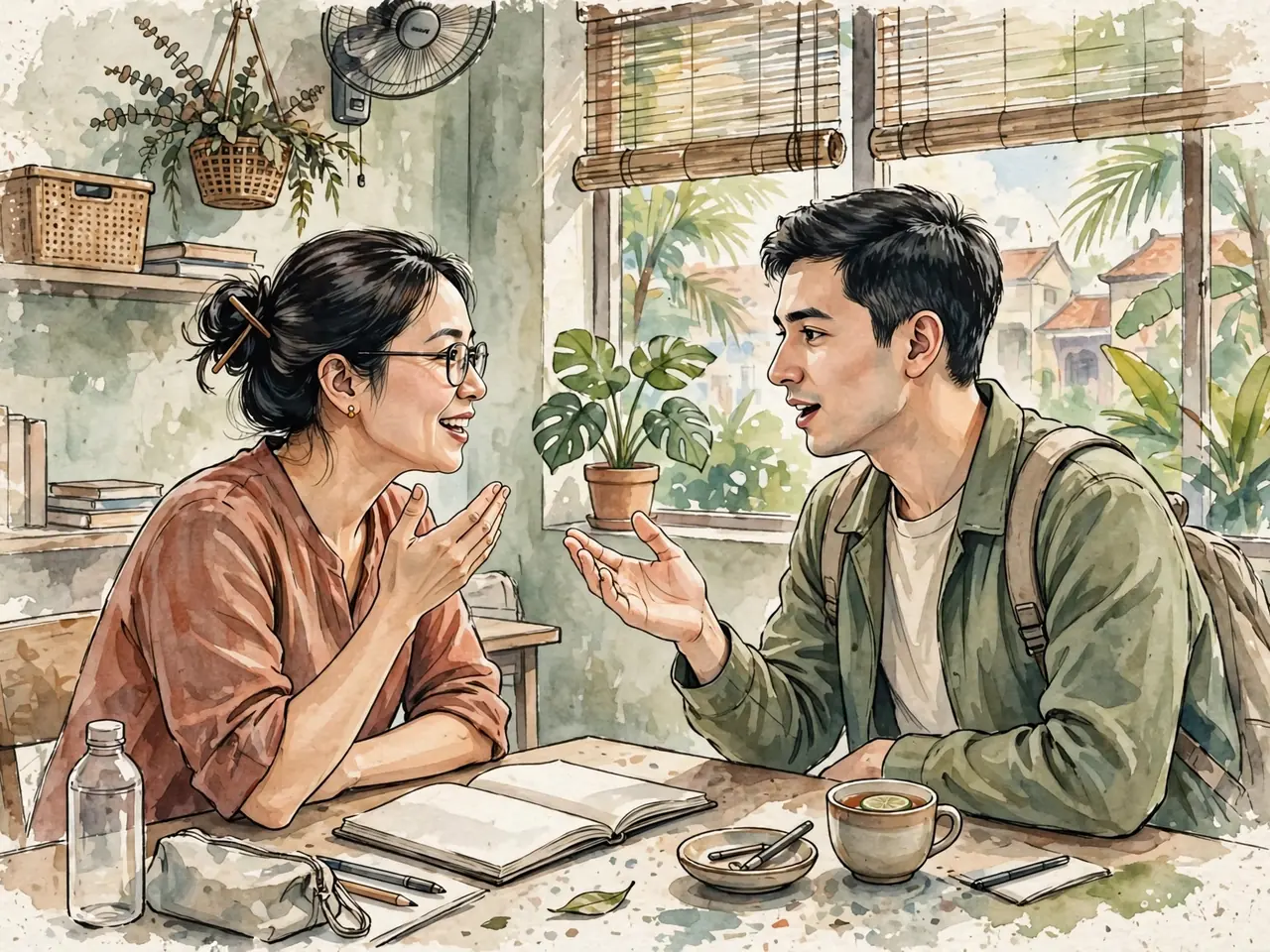 Tutor and learner practicing Vietnamese tones aloud