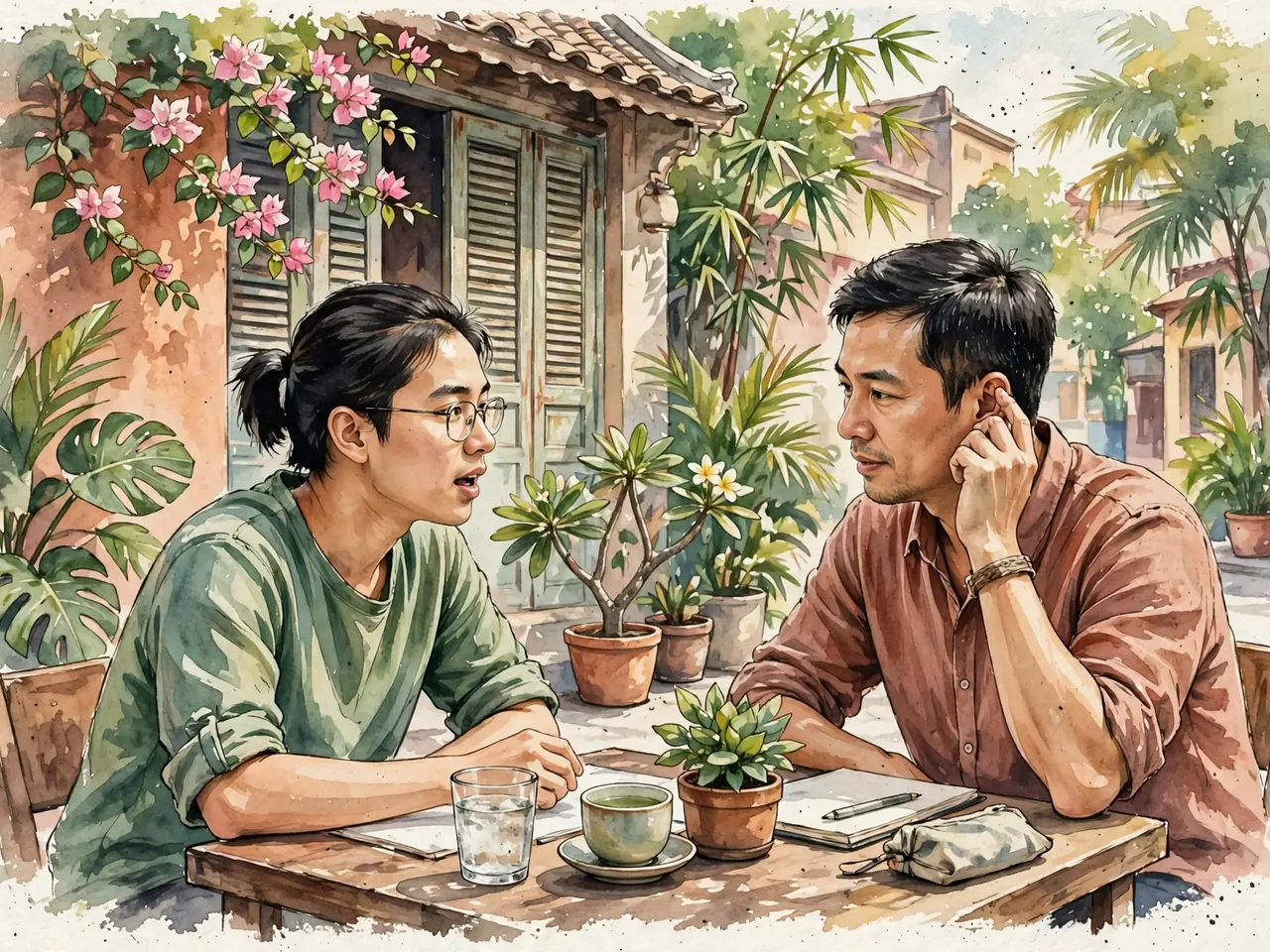 Learner practicing a Vietnamese word with a tutor
