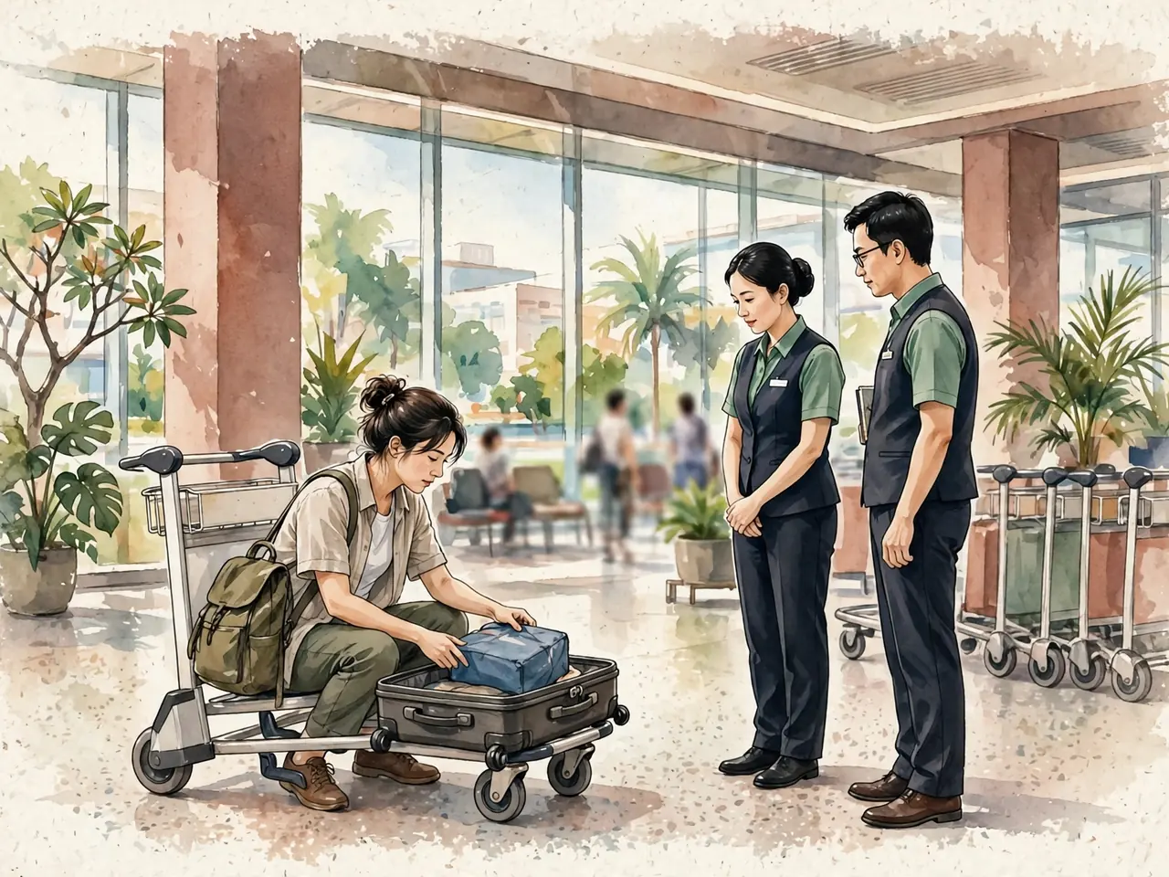 Traveler collecting luggage in a Vietnamese airport