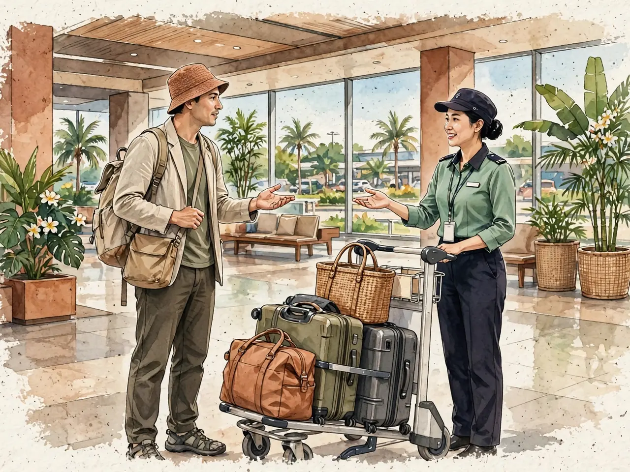 Traveler asking airport staff where to go