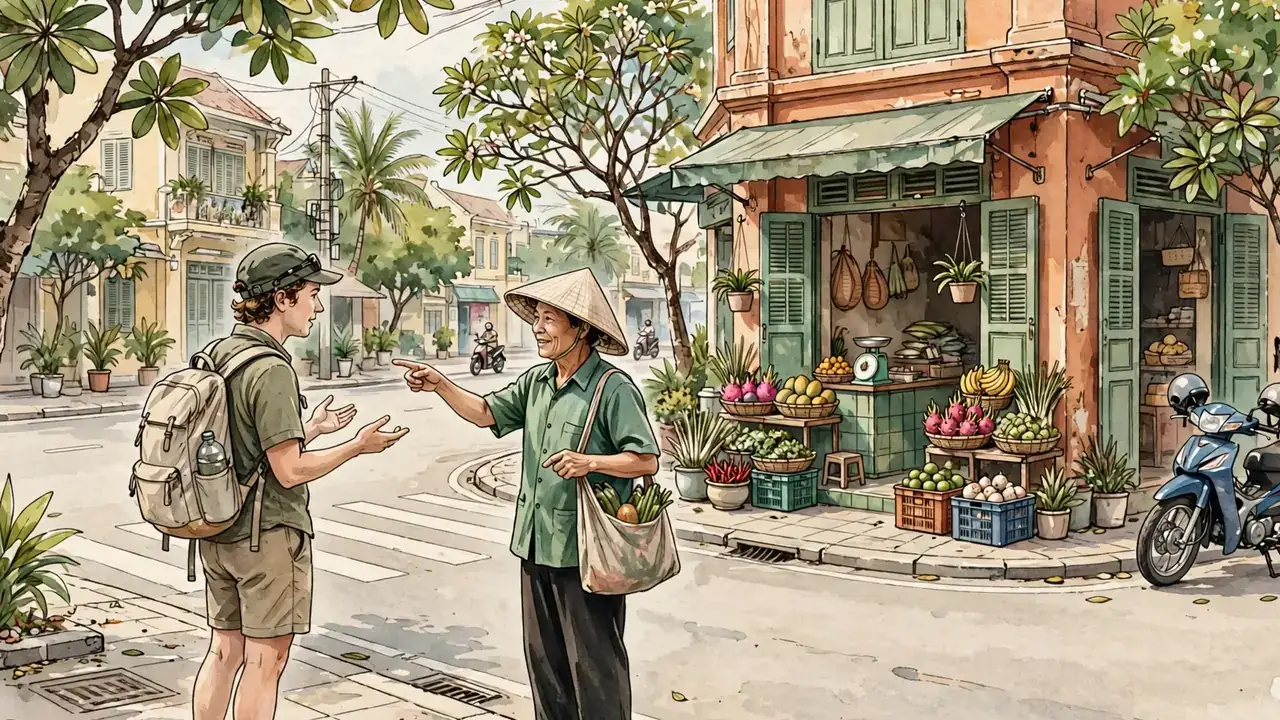 Traveler asking a passerby for directions on a Vietnamese street