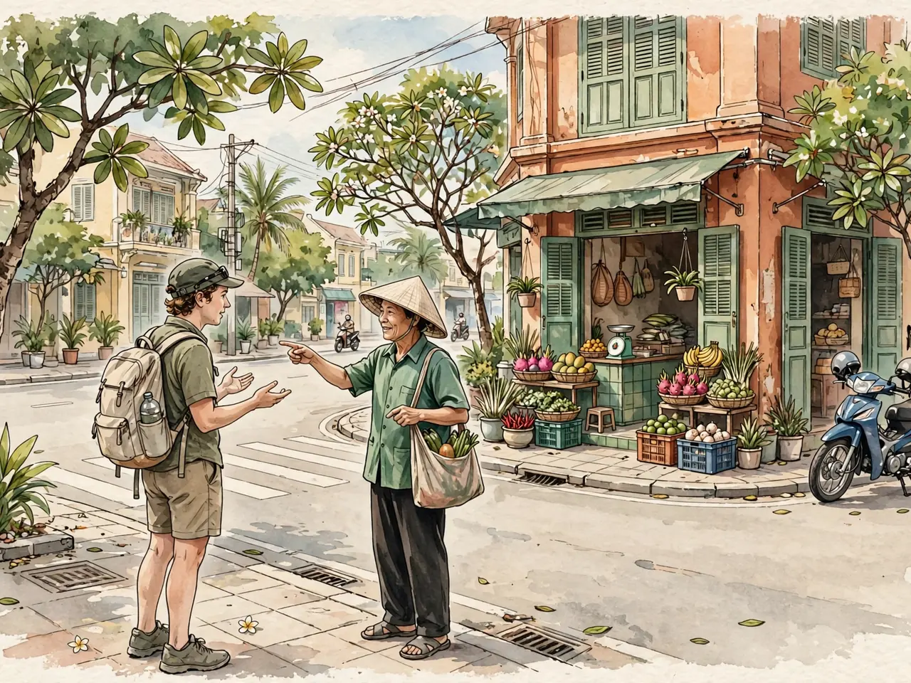 Traveler asking a passerby for directions on a Vietnamese street