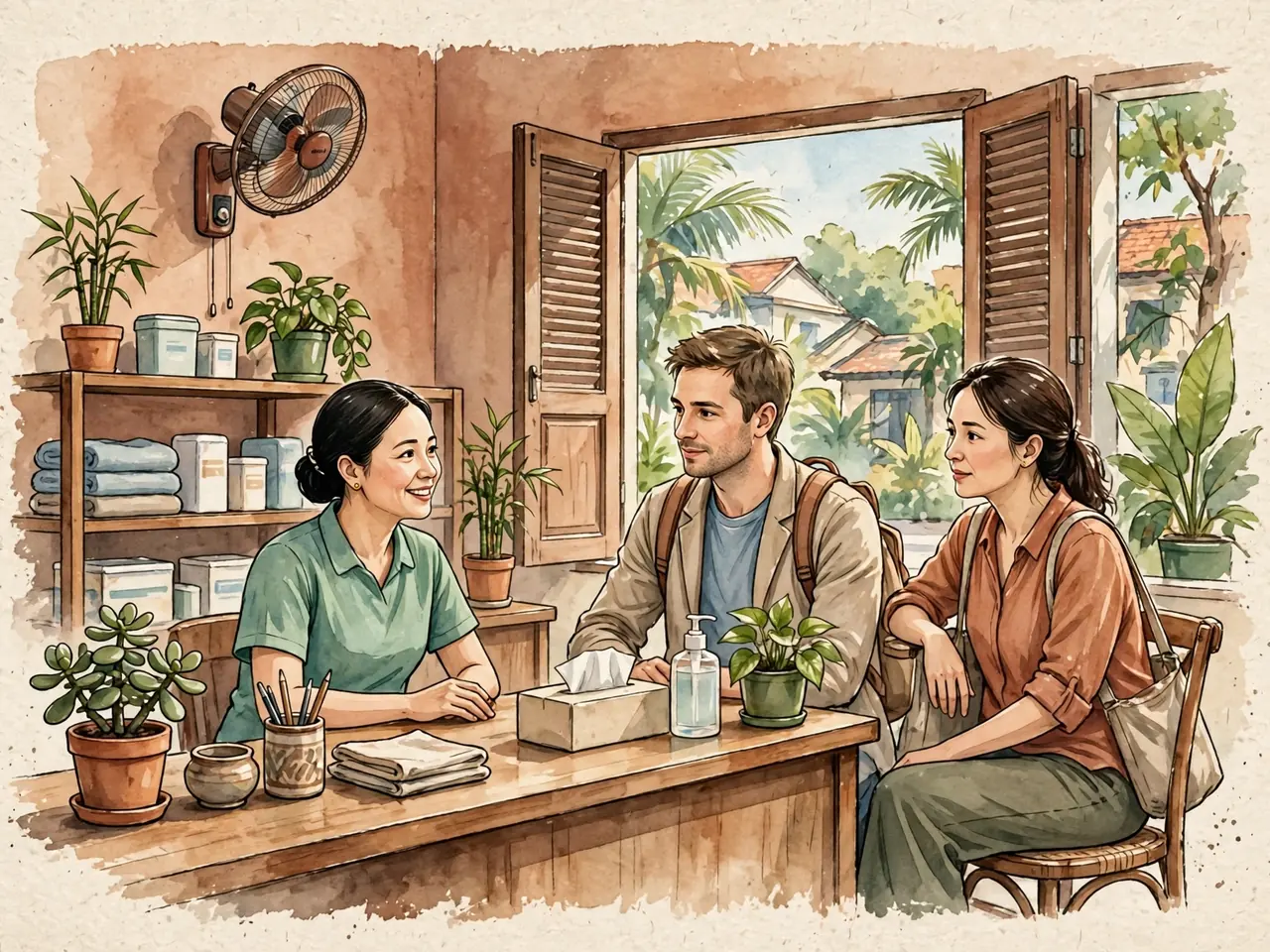 Clinic staff assisting a traveler at reception