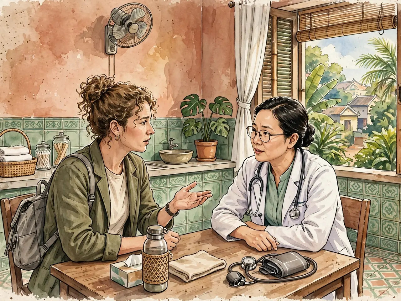 Traveler describing a health concern to a clinician