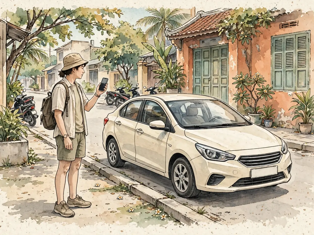 Traveler confirming a pickup car at a Vietnamese curb