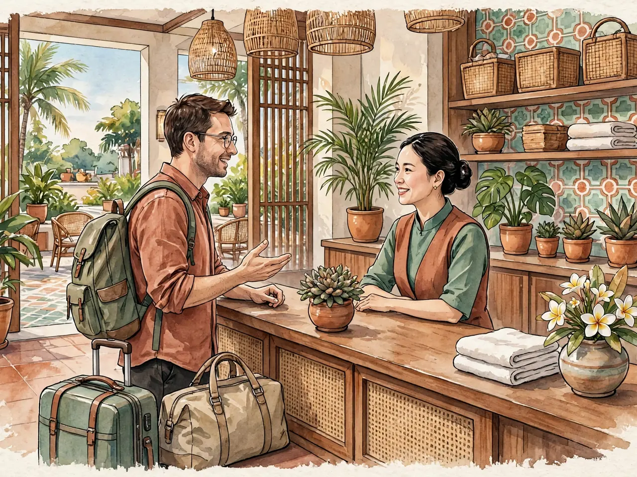 Guest checking in at a Vietnamese hotel front desk