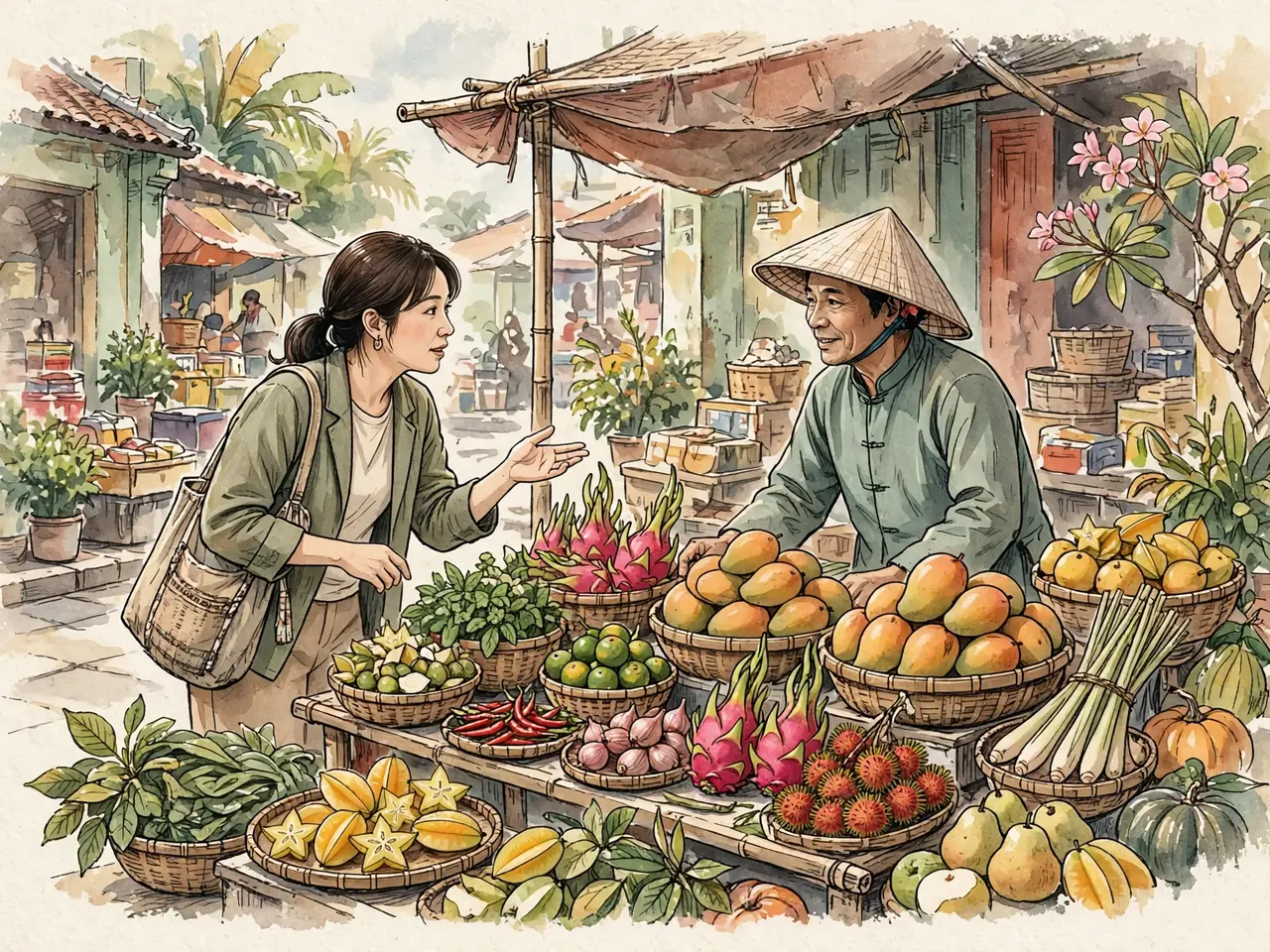 Customer choosing fruit with a market vendor