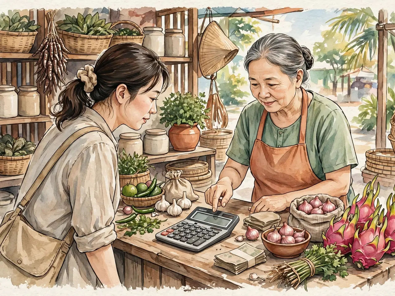 Shopper confirming a total with a vendor using a calculator