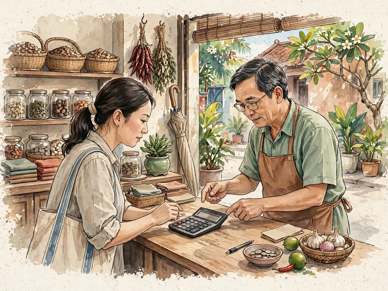 Customer confirming a purchase total before paying