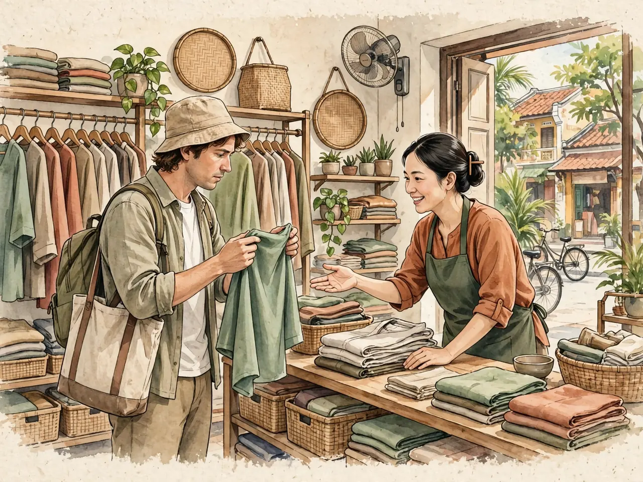 Traveler browsing clothing in a Vietnamese shop