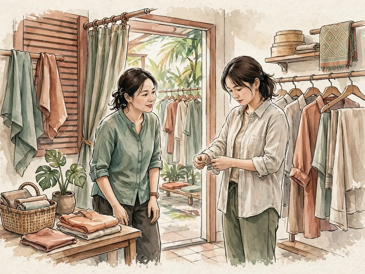Shopper checking a garment with a shop assistant